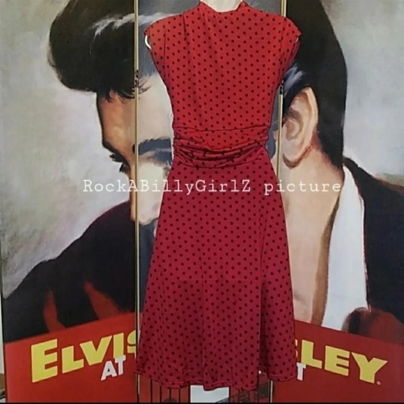 Lindy Bop Dottie Retro 1940's Red w Black Polka Dots Tea Dress w Tied Bow Collar - Picture 8 of 8